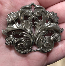 Vintage Signed Miriam Haskell Silvertone Scroll Relief Brooch Pin picture
