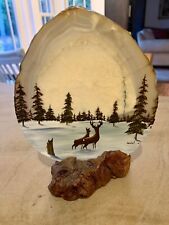 Vintage Hand Painted Sliced Agate Winter Scene With Stag And Deer Gazing.  picture