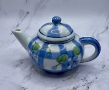 Vintage Mini Teapot Hand Painted Blue Pansies Green Leaves Blue Stripes picture