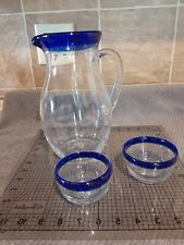 Vintage Hadeland Glassverk MCM Clear/blue bubble pitcher & tumblers signed RARE picture