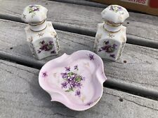 Unusual 1950s 3pc Porcelain Vanity Set Purple Violets On White W/2 Scent Bottles picture