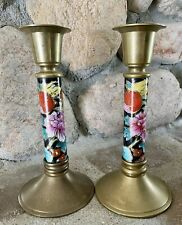 Vintage Pair of Solid Brass Enamel Cloisonne Porcelain Candlesticks #1E picture