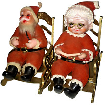 Vintage Christmas Kitschy Plastic Flocked Santa and Mrs Clause in Rocking Chairs picture