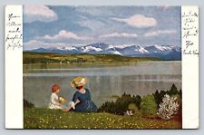 c1924 Lady in Blue Sits w/ Girl in White Looking at Mountains VTG Postcard 1188 picture