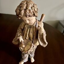 Vintage Wooden Statue Of A Cherub Or A Boy Playing His Drum Signed Handmade picture