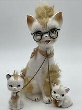 Antique Vintage Ceramic Cat & Kittens White Rabbit Fur Chains Handmade Artmark picture