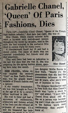 Coco Chanel Dies January 11 1971 Indy Star Newspaper Chanel No. 5 Fashion House picture