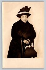 Woman In Fur Coat Poses W/ Purse & Hat - Velox 1907-1914 Antique RPPC Postcard picture