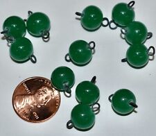 VINTAGE 12 JADE GREEN GLASS CONNECTOR BEADS 9.5mm JAPAN   AGED METAL picture