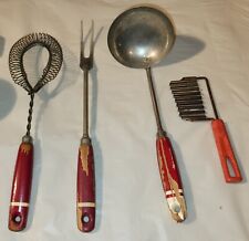 A & J Antique Ekco Mixer Fork Ladle Grater Lot USA Red Wood Handle Stainless picture
