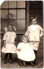 Three Young Curly Hair Children Sunday Formal Dress Portrait - Vintage Postcard picture