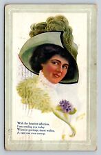 c1909 Lady in Hat with Flowers Warm Greetings ANTIQUE Postcard 1001 picture