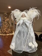 Victorian Christmas Angel Tree Topper 18”White & Silver Feather Wings Fur Trim picture