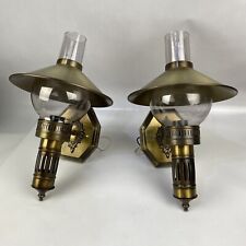 Vintage 14” Electric Brass Tone Oil Lamp Wall Sconces Hanging Glass Globe Shade picture