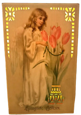 HOLD-TO-LIGHT Easter Angel Tulips Antique German PC Vtg c1900s HTL UDB Unused picture