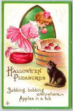 Vintage Halloween Pleasures Postcard Girl Bobbing for Apples Black Cat unp picture