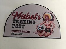 VINTAGE MABEL'S TRADING POST SPORTING GOODS STORE PORCELAIN SIGN USA INDIAN DIE picture
