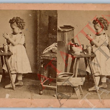 c1890s Adorable Little Girl Cook Tea Real Photo Stereoview Child Curly Hair V43 picture