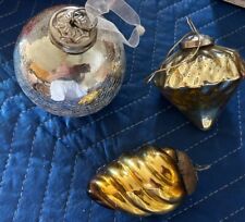 Lot 3 HEAVY GLASS KUGEL STYLE CHRISTMAS ORNAMENTS- 2 Silver And 1 Gold picture