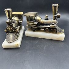 Vintage New Diamond Brass And Onyx Pair Of Locomotive Train Bookends 1960’s picture