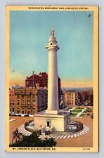 Baltimore MD-Maryland, Monument, Lafayette Statue, Vintage c1946 Postcard picture