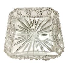 Vintage Square Heavy Crystal Glass Diamond Cut Ashtray  4” Star Pattern Trinket picture