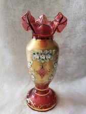Vintage  Bohemian CRANBERRY GLASS 24k Gold Ruffle Vase w Enamel Flowers  LARGE  picture