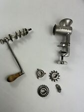 Vintage Ward’s Meat Grinder Mid Size Silver Crank Wood Handle 3 Attachments picture