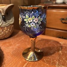 Antique Glass Of Venice Murano Glass Wine Glass 24K Gold Leaf - Cobalt Blue picture