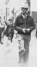 3H Photograph Candid Snapshot Man Smoking Cigarette City Street Fedora 1940's picture