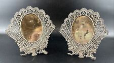 Pair of Antique Victorian Photograph Picture Frames Filigree Fan Shaped Tin Back picture