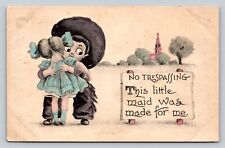 c1912 Boy In Cowboy Hat Hugs Girl No Trespassing ANTIQUE Comic Postcard picture