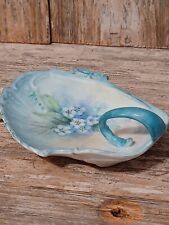 Vtg Hand Painted Blue and White Flowers Handle Nappy Dish Trinket Jewelry SIGNED picture