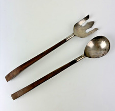 MEXICAN STERLING SILVER SALAD SERVING SET WOODEN HANDLES MID CENTURY MARKED VTG picture