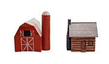 Handmade Country Crafts by C Henson Wooden Red Barn & Log Cabin Lot of 2   T1700 picture