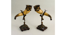 Antique pair 19thc Cornucopia horn bronze putti cherub figural statue bird  picture
