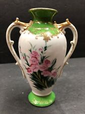 Vintage Antique Green And White Gilded Handled Small Floral Flower Vase picture