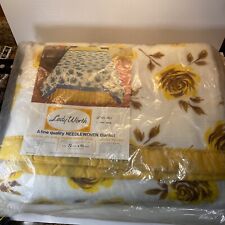 Vintage NOS Lady Worth Needlewoven Blanket Gold Floral 72 x 90 Made in USA picture