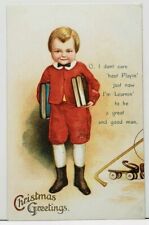 Clapsaddle Christmas Greetings Boy w/ Books, Don't Care About Playin Postcard J1 picture