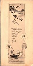 1912 Christmas Greeting Postcard New Year Wishes Winter Scene Flowers Half Card picture