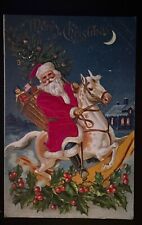 Patriotic SILK Santa Claus on Horse with USA Flag~Toys~ Christmas Postcard~h161 picture