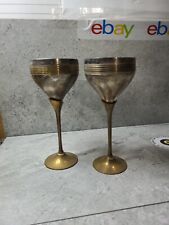 2 Nepali Style Brass Silver Wine Goblets India Wedding Anniversary Rare Vtg picture