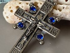 Rare New Vintage Russian Sterling Silver & Blue Glass Orthodox Cross W/ Tags picture