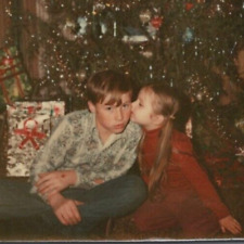 4S Photograph 1960-70's Family Photo Boy Girl Brother Sister Christmas Tree Kiss picture