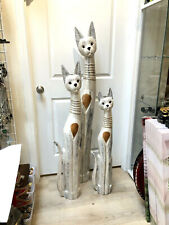 Cat Tall Statue Wood Carved Set of 3 With Straw Detail Neck Painted Solid Wood picture