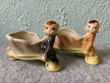 Fairy Fairies Elf Planters w Flower & Leaf Carts Vintage Pair of Shawnee Pottery picture