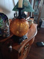 Vintage 1970’s Amber Glass w Black Wrought Iron Hollywood RegencyLamp 3 Way Lite picture