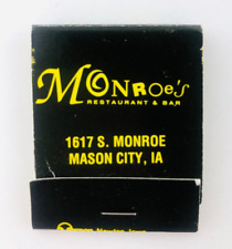 Vintage Monroe's Restaurant & Bar Matchbook Mason City Iowa IA 1990s picture