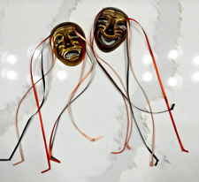Vintage Solid Brass Theatre Comedy Drama Face Masks Wall Hangings w Ribbons 3