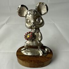 Vtg 60s Metal Girl Mouse Holding Flower Figurine On Wood Base 3.75